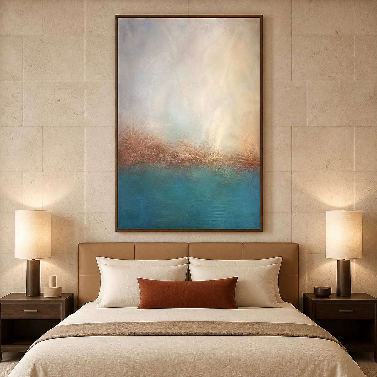 Serene turquoise coastal canvas styled above a neutral bedroom.