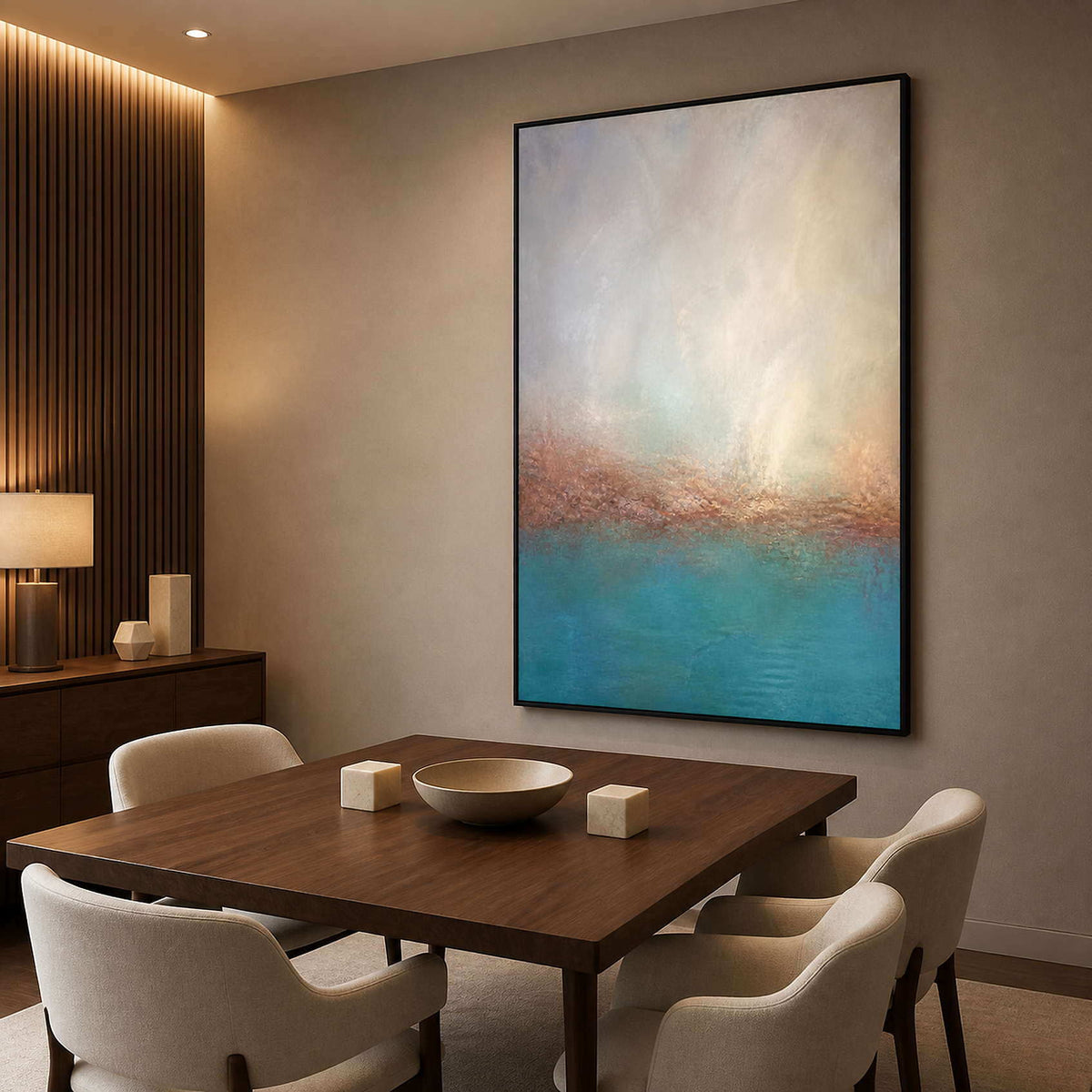 Blue and ivory coastal abstract painting in a refined dining room.