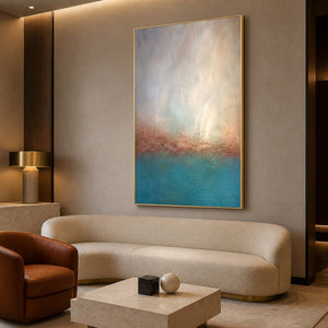 Pale coastal wall art in a softly lit boutique hotel lounge.