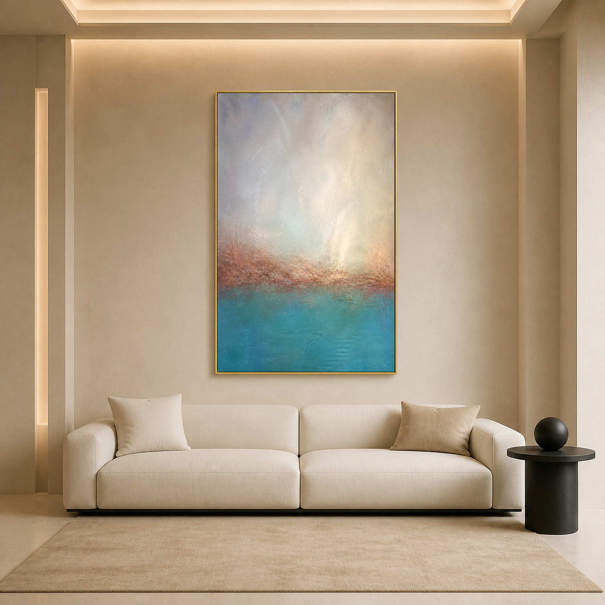 Turquoise textured coastal wall art in a warm modern living room.