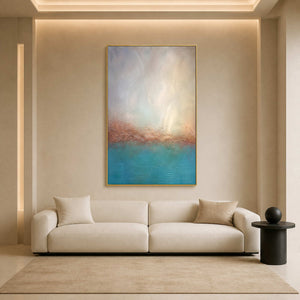 Turquoise textured coastal wall art in a warm modern living room.