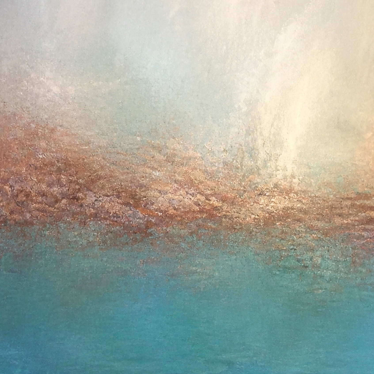 Close-up of turquoise, ivory, and warm mineral horizon texture.