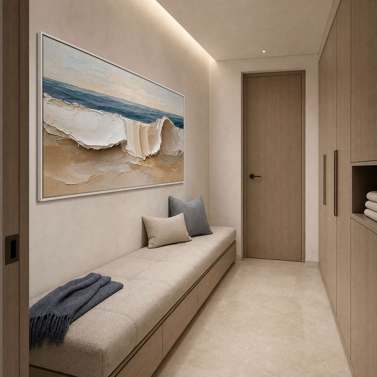 Textured Coastal Wall Art displayed in a refined bathroom.