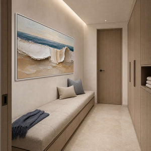 Textured Coastal Wall Art displayed in a refined bathroom.