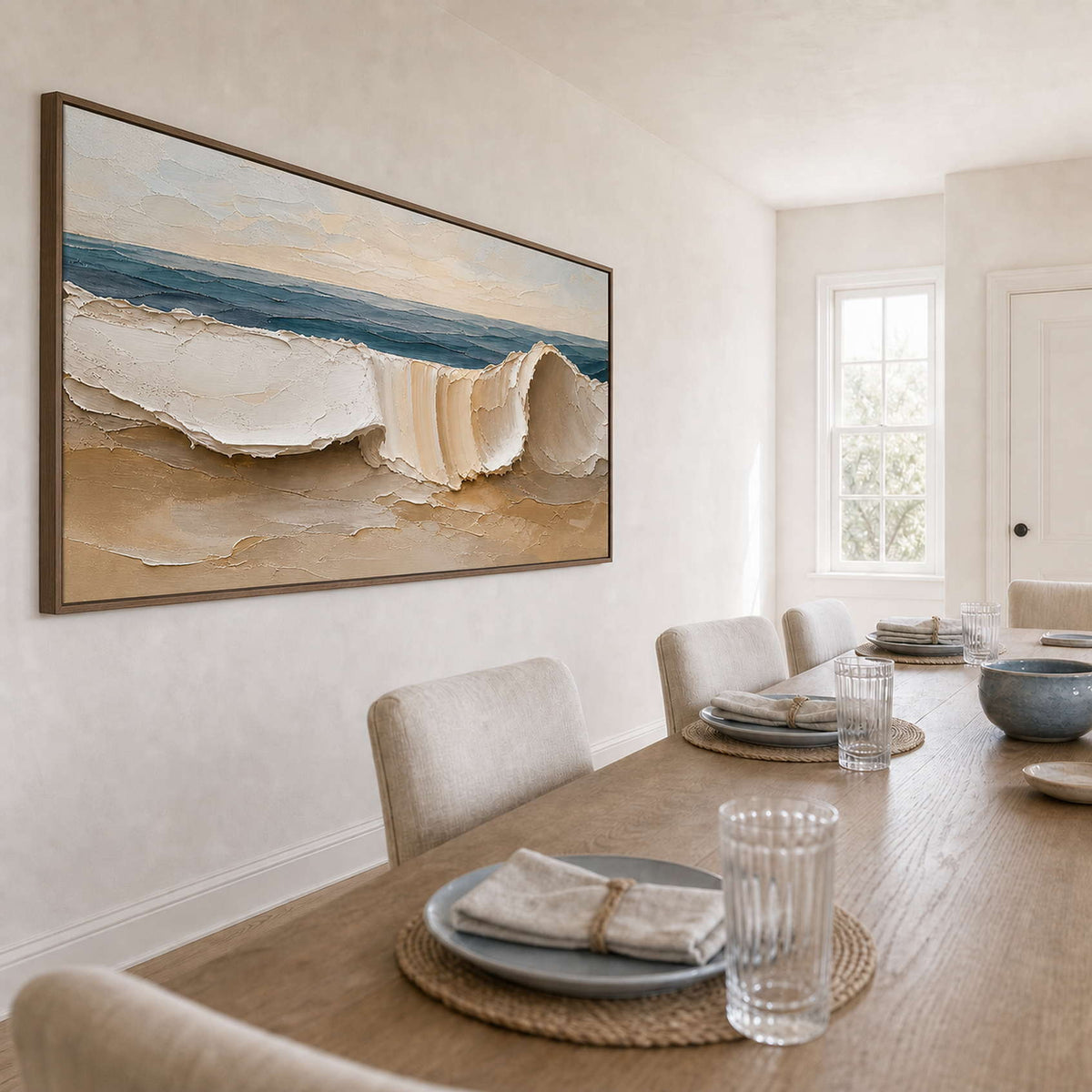 Textured Coastal Wall Art displayed in a refined dining room.