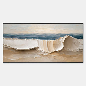 Hand-painted textured coastal wall art in blue, white, and earth tones.