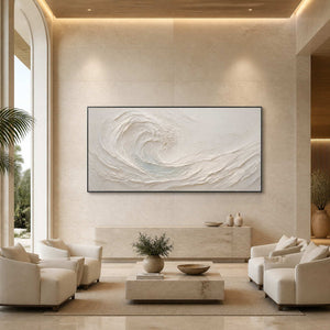 Textured coastal wall art displayed in a seaside resort hotel lobby.