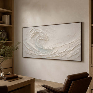 Textured coastal wall art displayed in a private collector study.