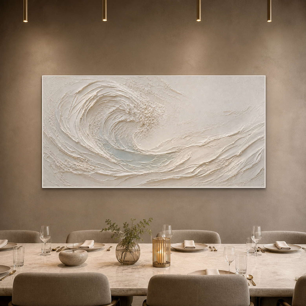 Textured coastal wall art displayed in a private boutique hotel dining room.