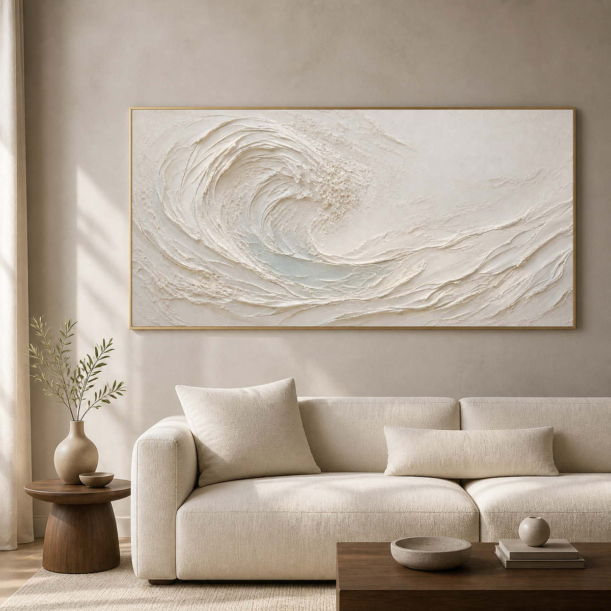 Textured coastal wall art displayed in a refined residential living room.