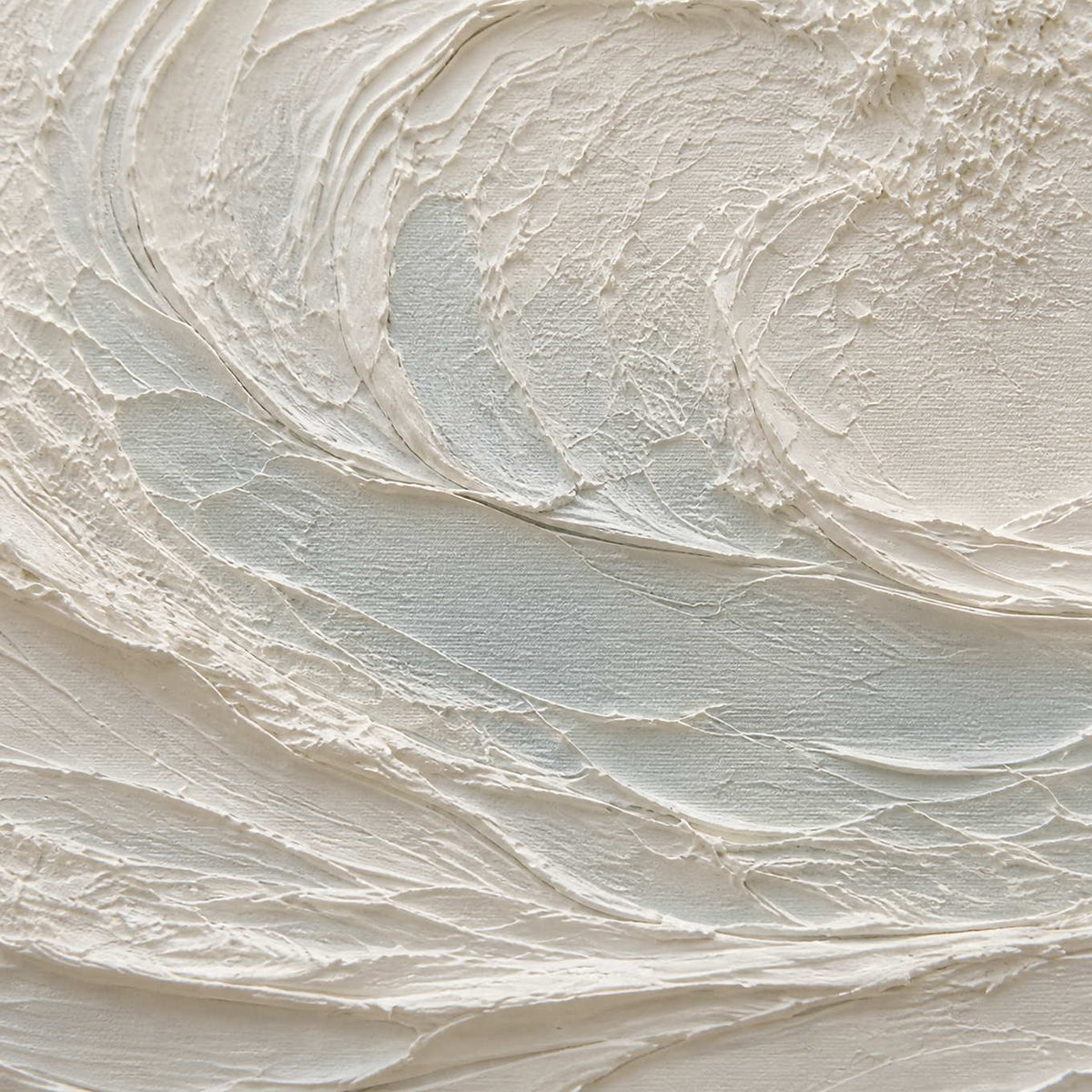 Close-up of ivory palette-knife ridges and pale sea-glass texture.