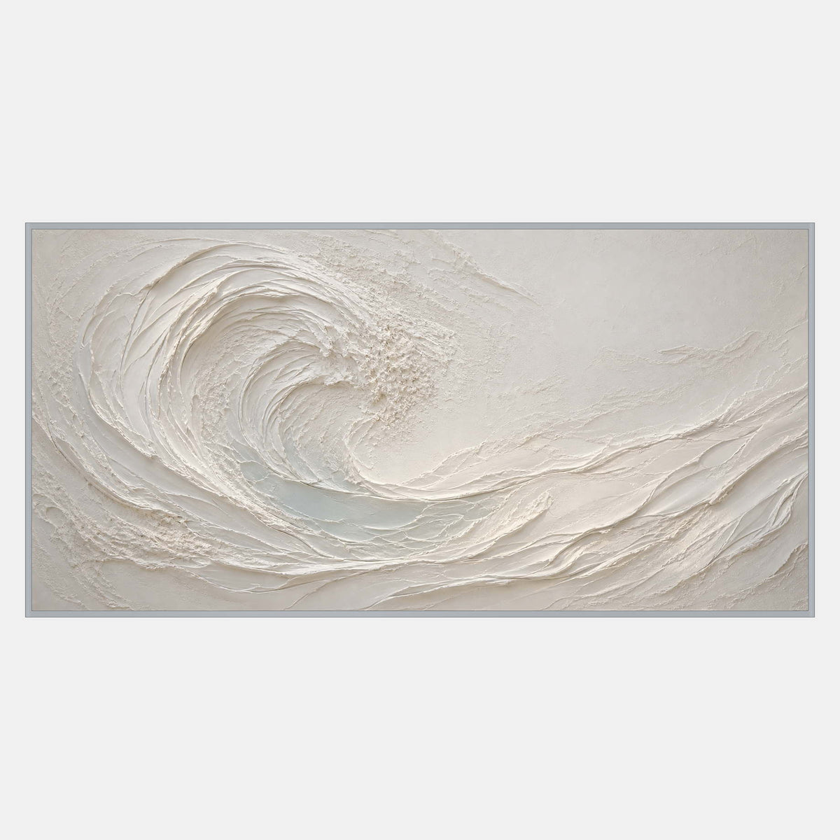 Hand-painted panoramic coastal wall art in ivory and pale sea-glass blue.