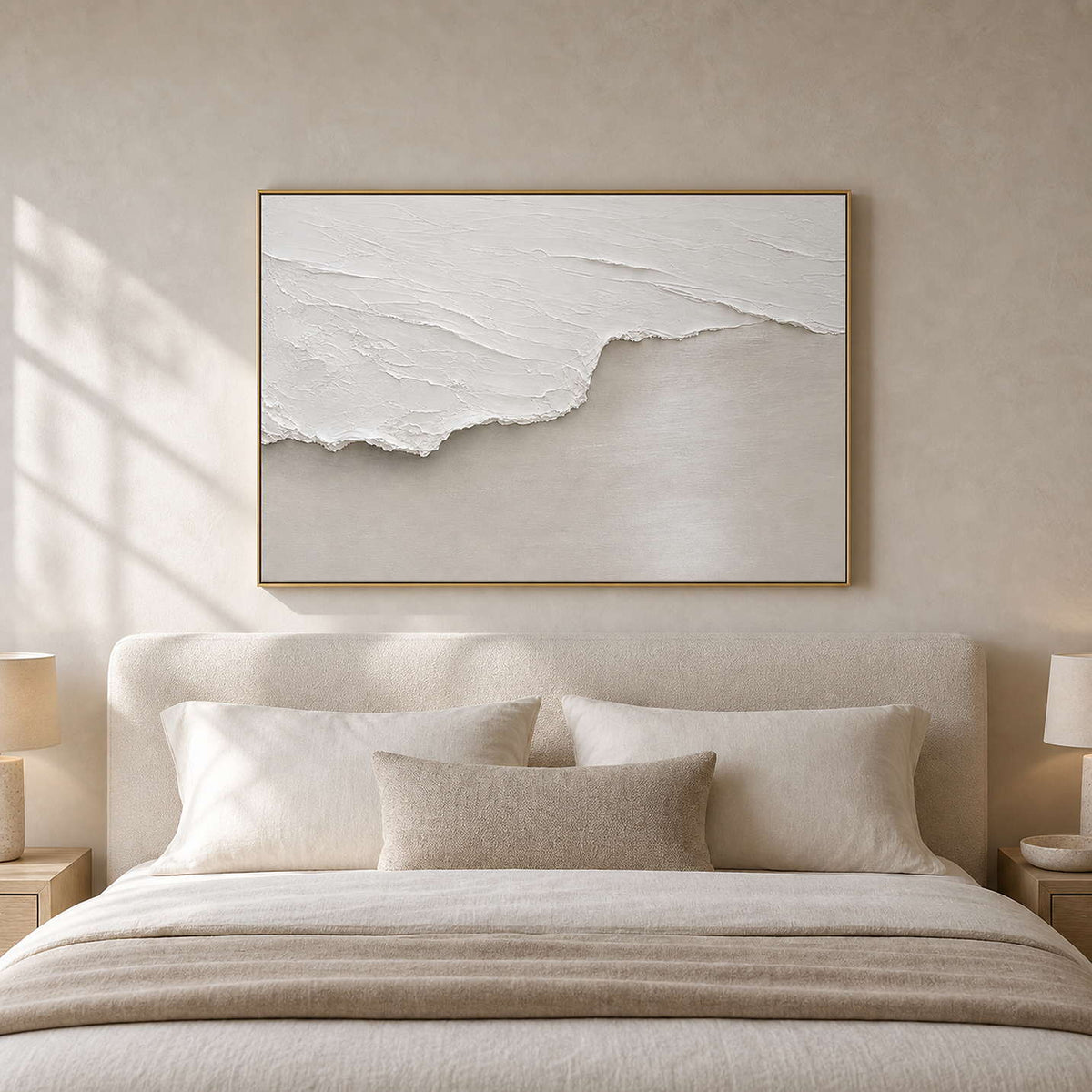 Minimalist Textured Wall Art displayed in a refined bedroom.
