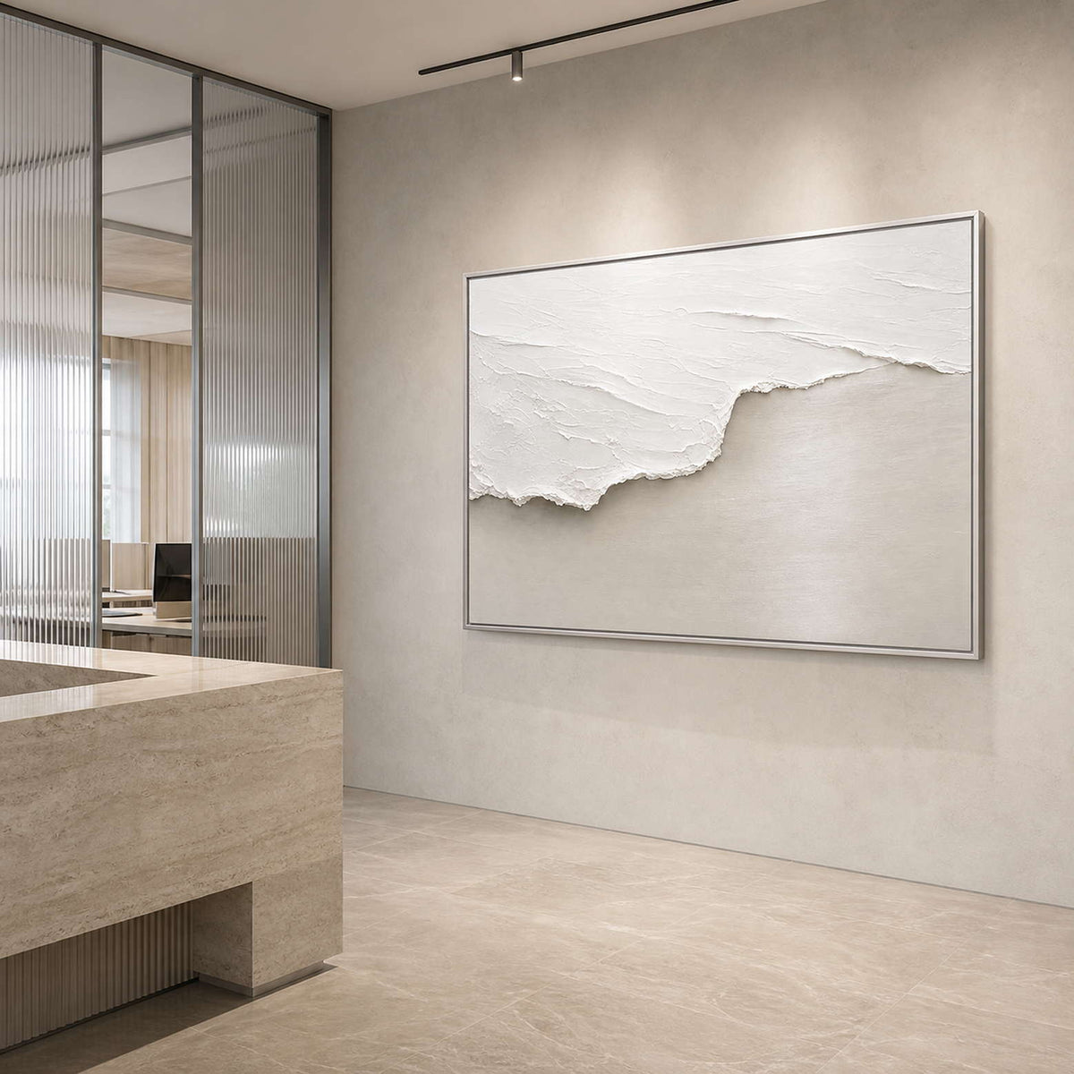 Minimalist Textured Wall Art displayed in a refined hospitality lounge.