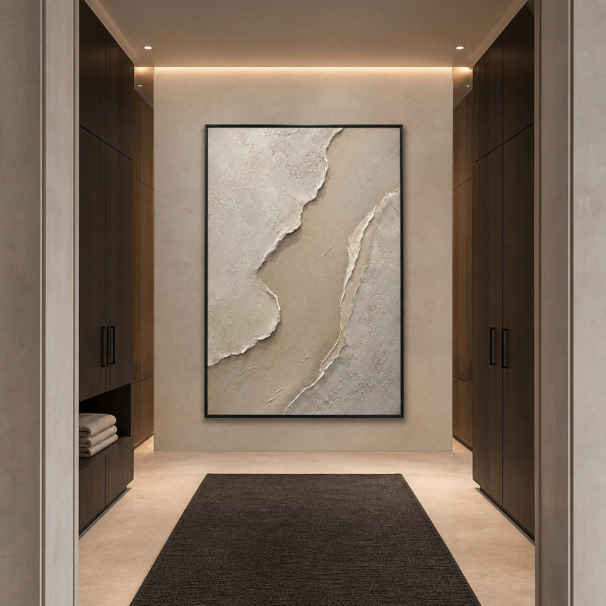 Minimalist Textured Wall Art displayed in a refined bathroom.
