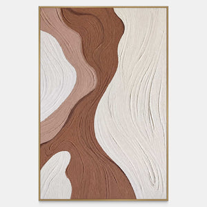 Vertical abstract artwork with a brown curve between white and blush ridges.