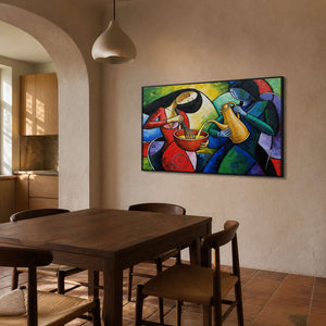 Cubist cooking artwork displayed in an arched residential dining room.