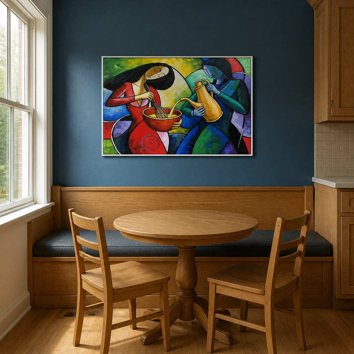 Colorful kitchen artwork displayed in a deep blue residential breakfast nook.