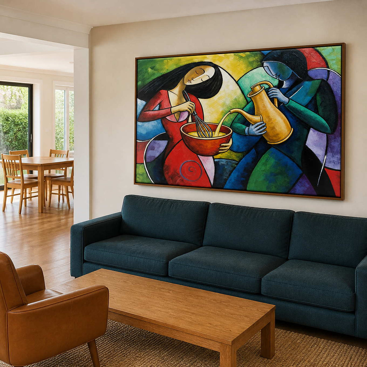 Vivid cooking scene artwork displayed in a family lounge beside the dining room.
