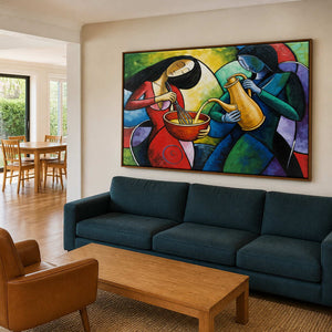 Vivid cooking scene artwork displayed in a family lounge beside the dining room.