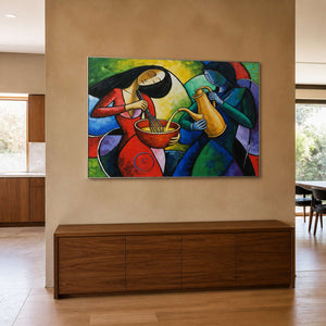 Modern figurative kitchen wall art displayed between a dining room and kitchen.