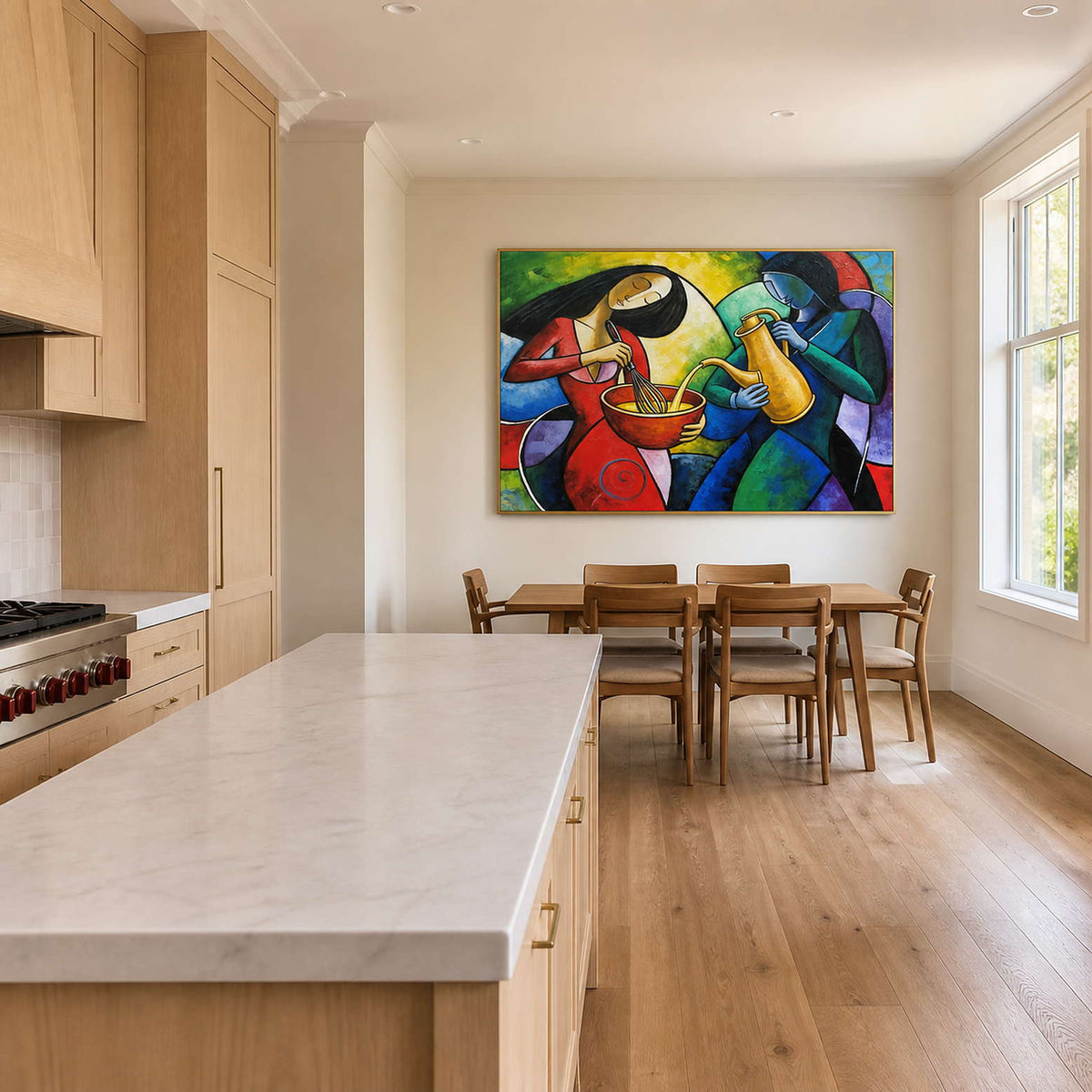 Colorful modern kitchen wall art displayed beyond a bright kitchen island.