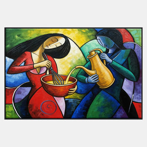 Hand-painted cubist kitchen artwork with two figures, a red bowl, whisk, and golden pitcher.
