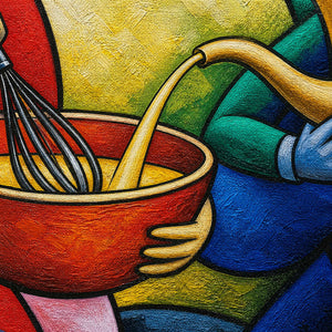 Close-up of the red bowl, golden pitcher, black contours, and textured multicolor paint.