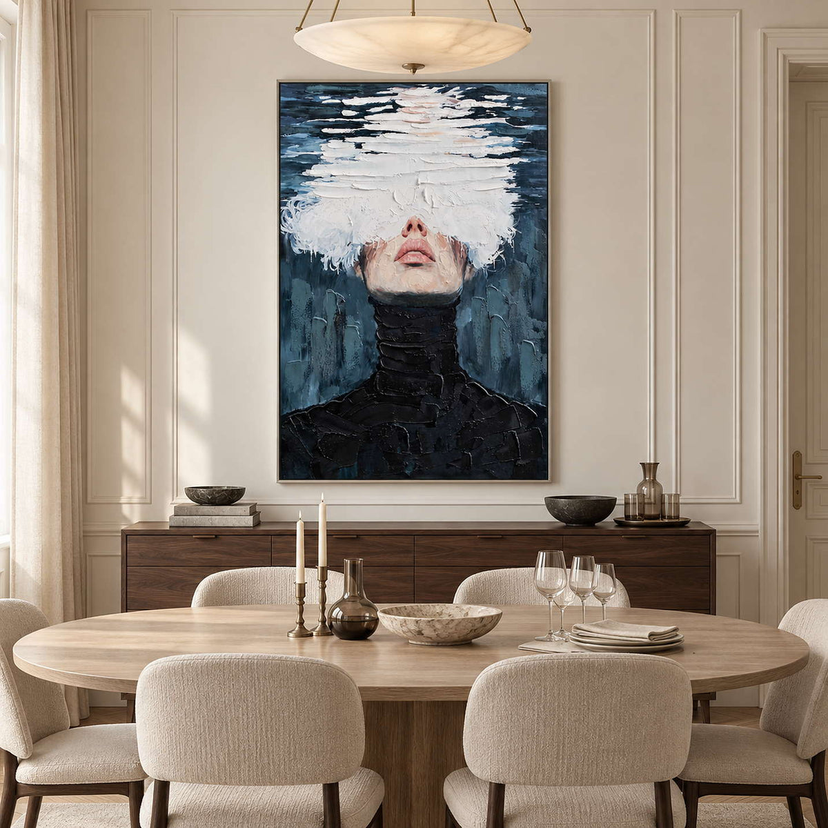 Blue-gray portrait above a dark sideboard behind a pale oval dining table.