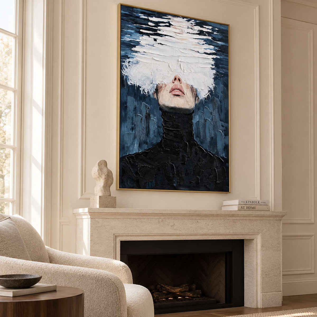 High-collar portrait above a pale fireplace with a small sculpture on the mantel.