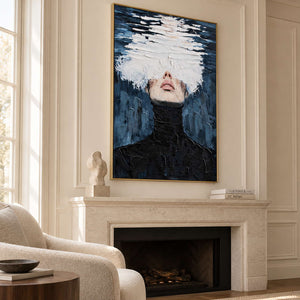 High-collar portrait above a pale fireplace with a small sculpture on the mantel.