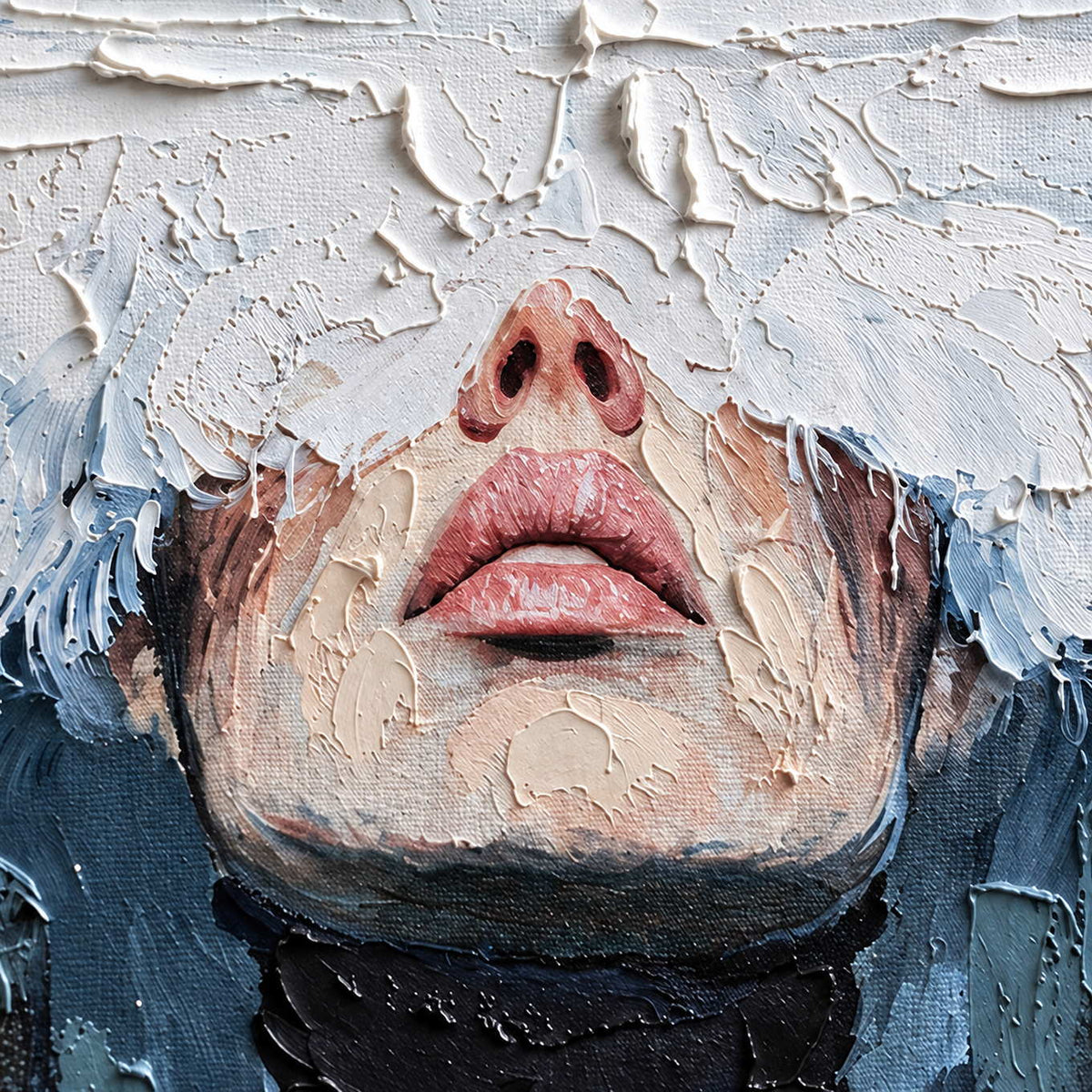 Detail of pale pink lips and nose beneath dense white strokes above a textured black collar.