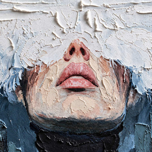 Detail of pale pink lips and nose beneath dense white strokes above a textured black collar.