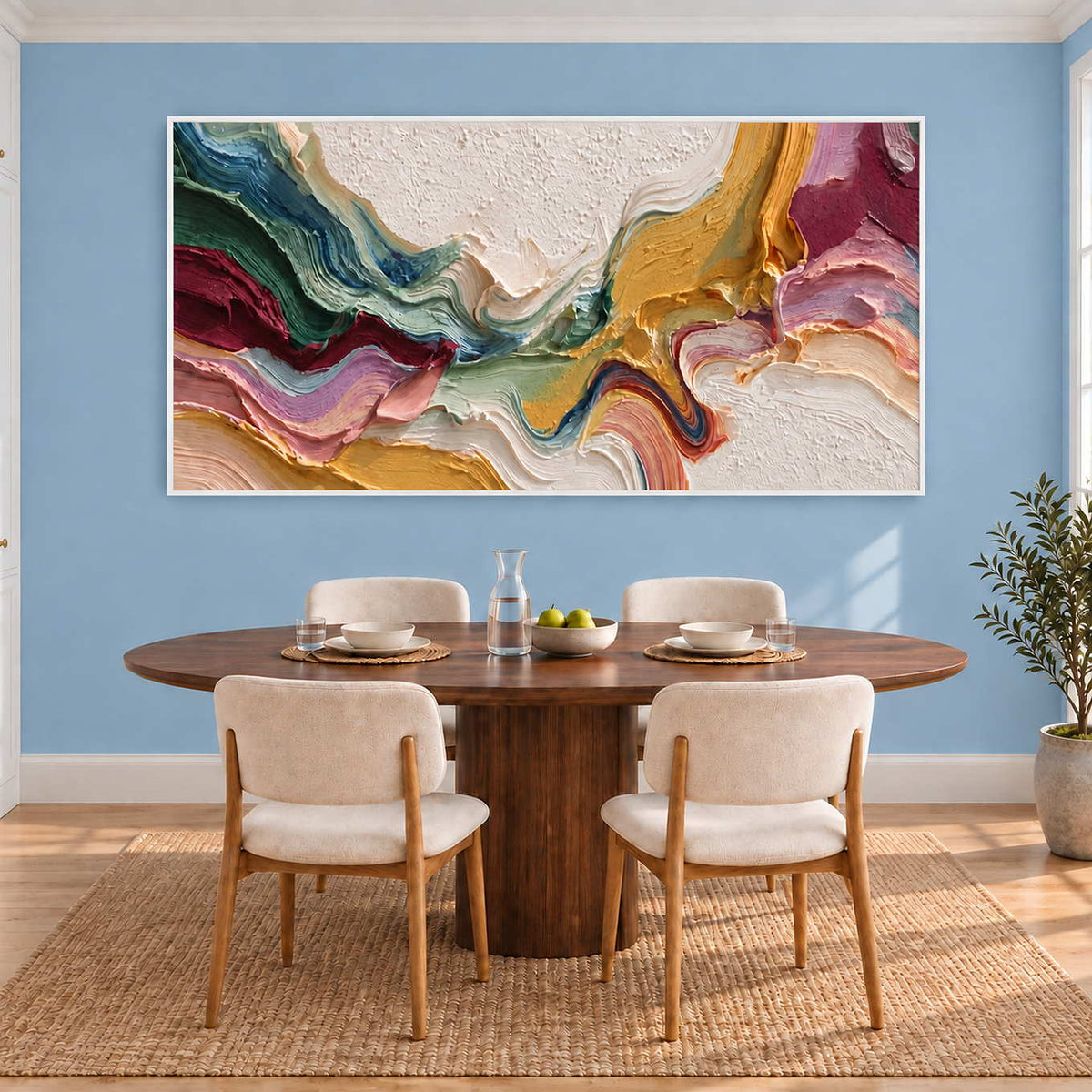 White-space color abstract above an oval dining table on a light blue wall.