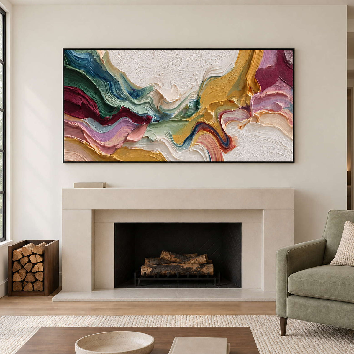 Wide textured color abstract above a pale fireplace beside a muted green armchair.