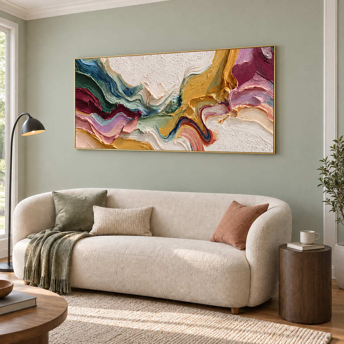 Wide color-flow artwork above a rounded cream sofa on a pale green wall.