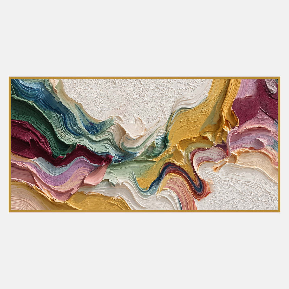 Wide abstract composition with curling blue-green, burgundy, pink, and mustard bands around rough white areas.