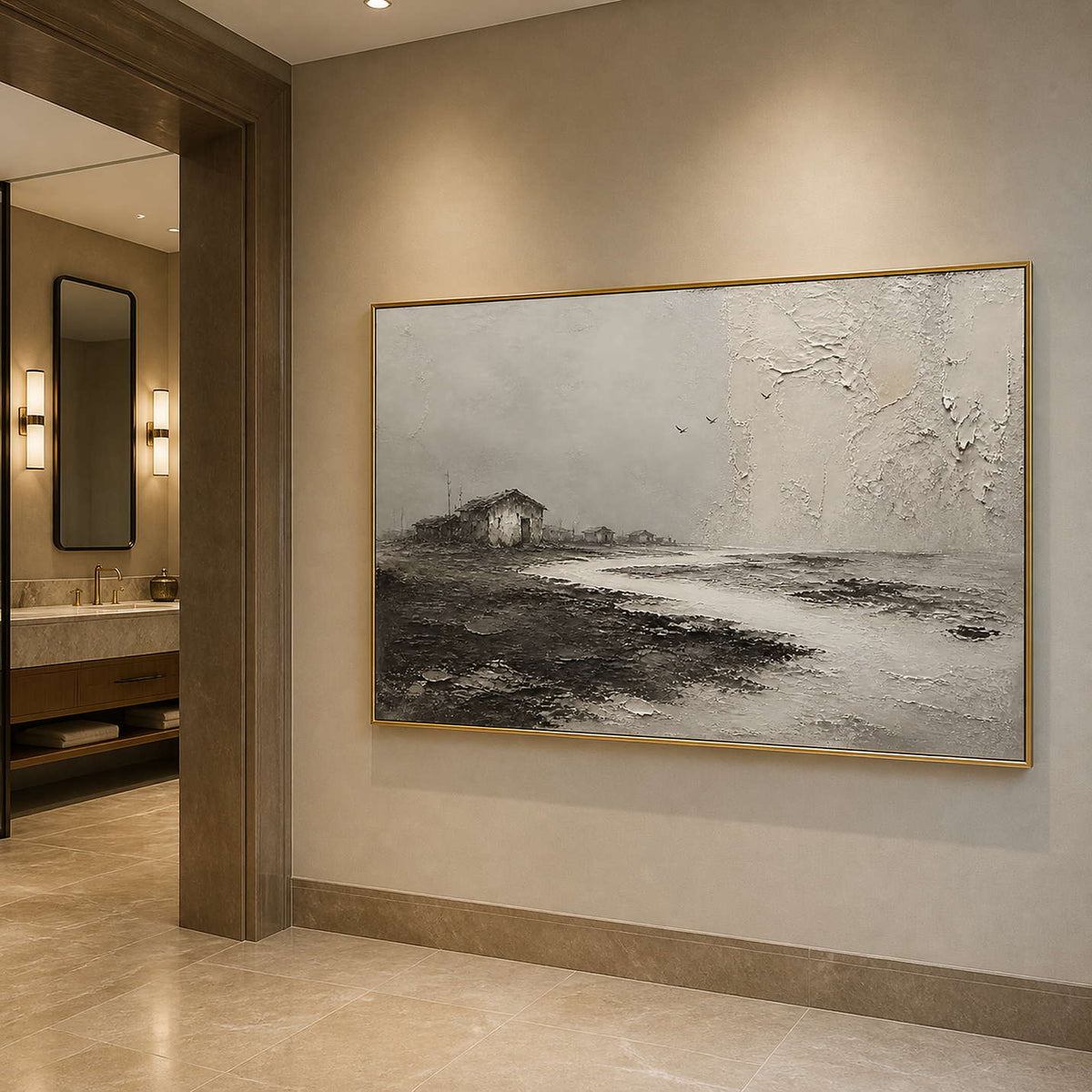 Three Birds Cross the Quiet Shore in a gold-framed bathroom