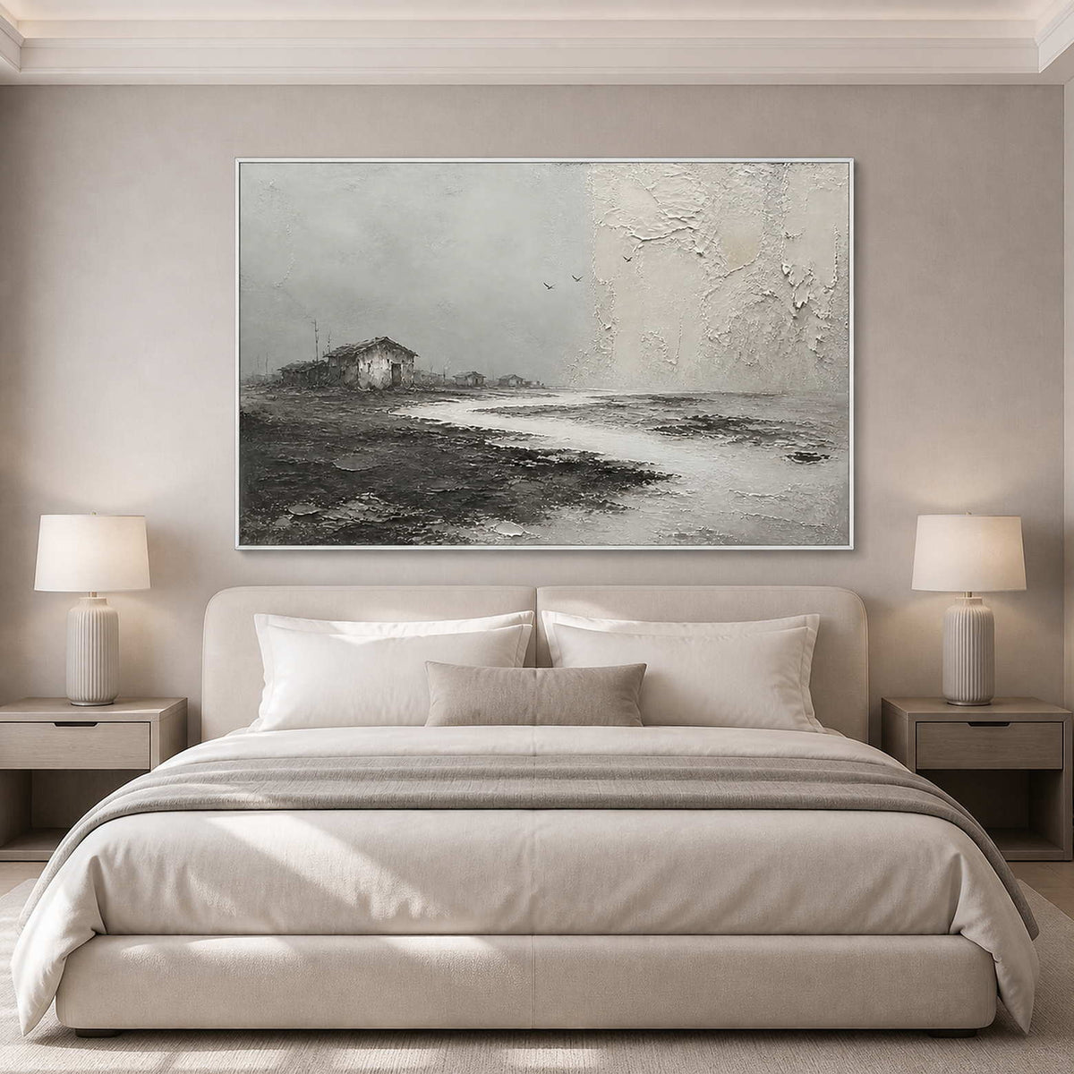 Three Birds Cross the Quiet Shore in a white-framed bedroom