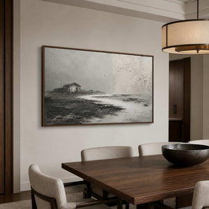 Three Birds Cross the Quiet Shore in a wood-framed dining room
