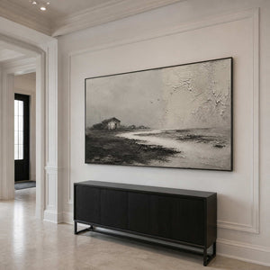 Three Birds Cross the Quiet Shore in a black-framed entryway