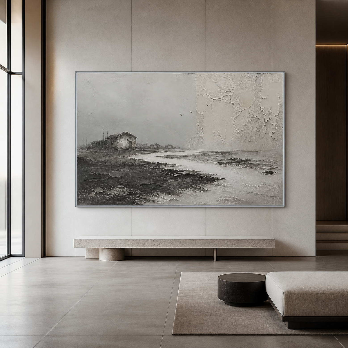 Three Birds Cross the Quiet Shore in a silver-framed hotel lobby