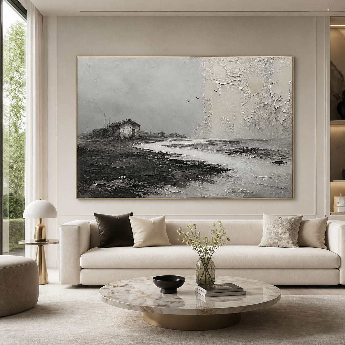 Three Birds Cross the Quiet Shore in a gold-framed living room