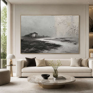 Three Birds Cross the Quiet Shore in a gold-framed living room