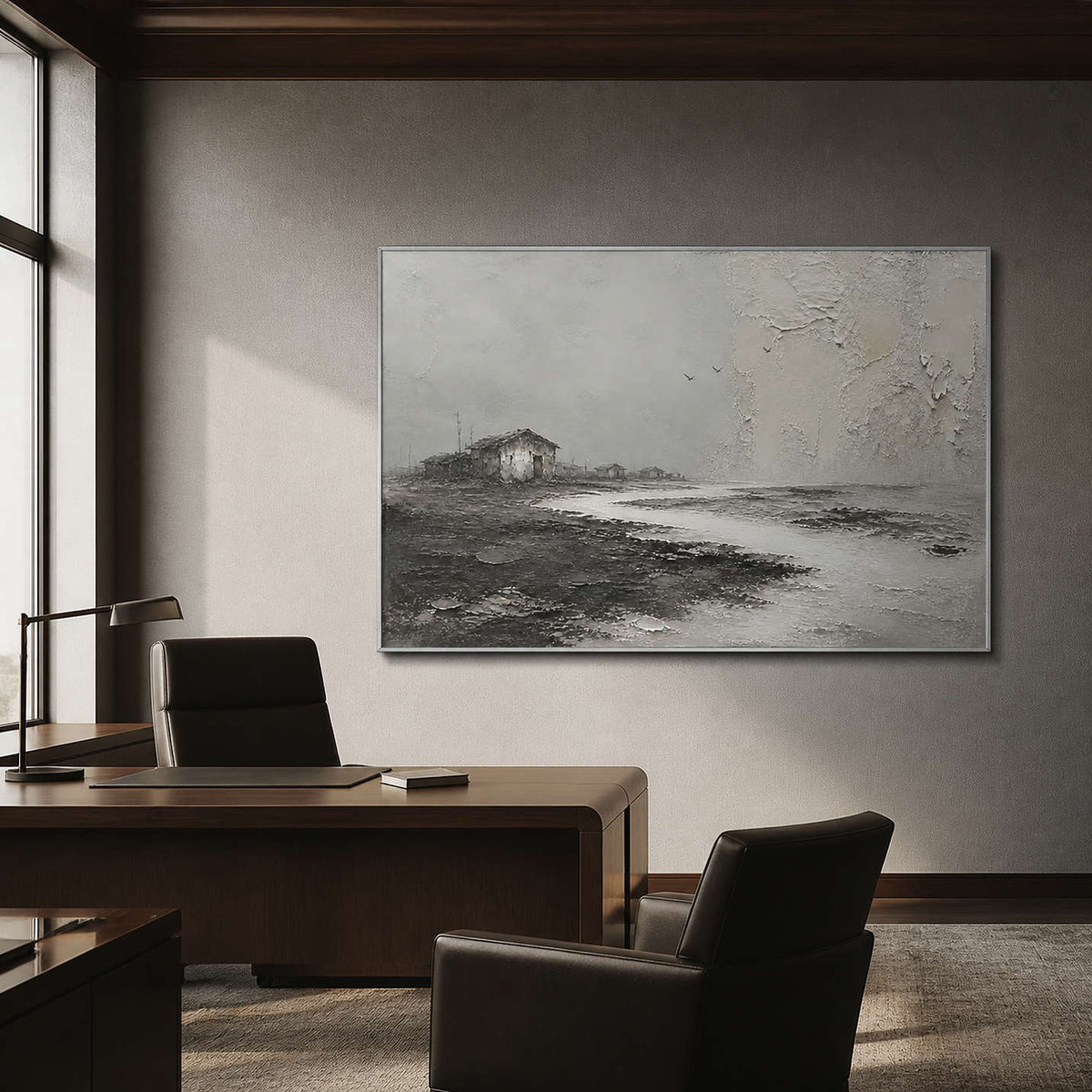 Three Birds Cross the Quiet Shore in a silver-framed office