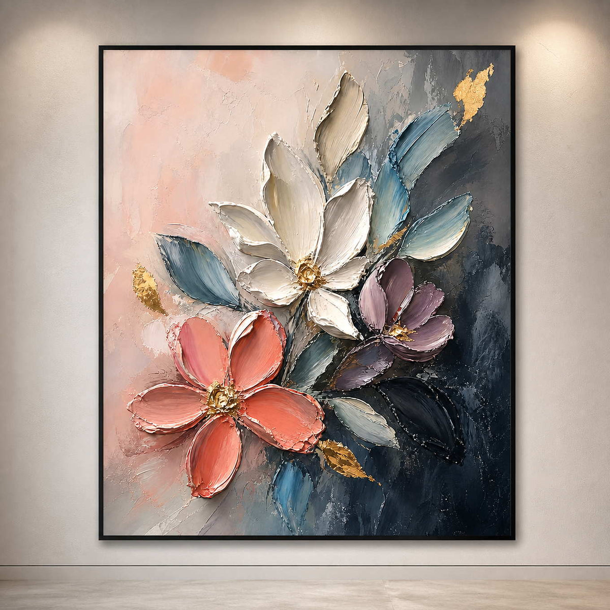 Sculptural floral wall art viewed close-up in a contemporary gallery.