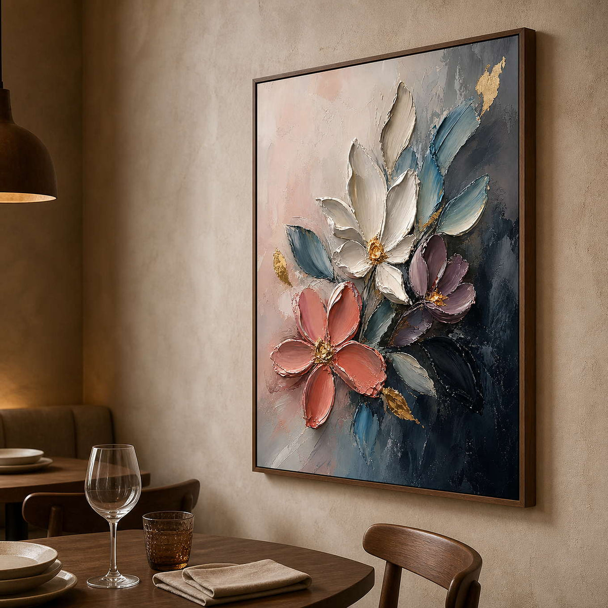 Expressive palette-knife flowers displayed in an elegant dining room.