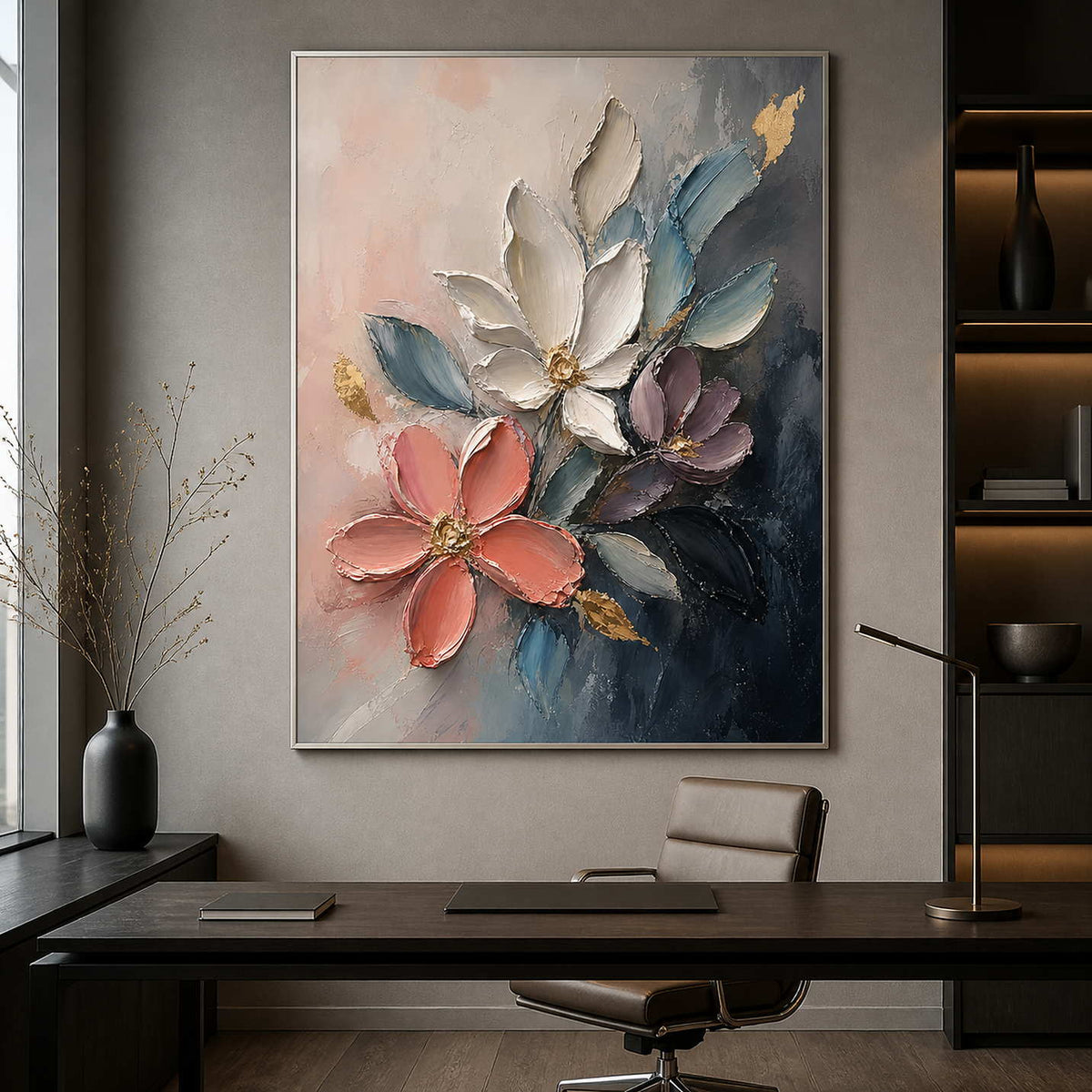 Modern floral wall art displayed in a calm executive office.