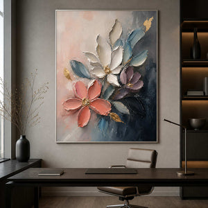 Modern floral wall art displayed in a calm executive office.