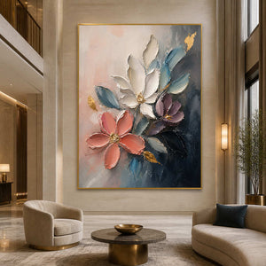 Colorful textured botanical artwork displayed in a refined hotel lobby.